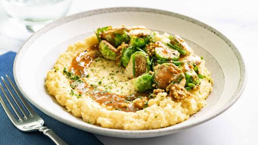 Vegan Alfredo Polenta with Herby Brussels Sprouts