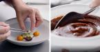 Split image. On left a chefs hand plating a dish, and on the right a spoon stirring a sauce